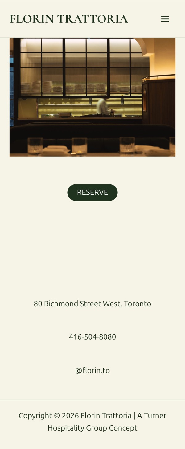The current Florin Trattoria homepage on a phone: one photo, a Reserve button, the address, phone number and Instagram handle.