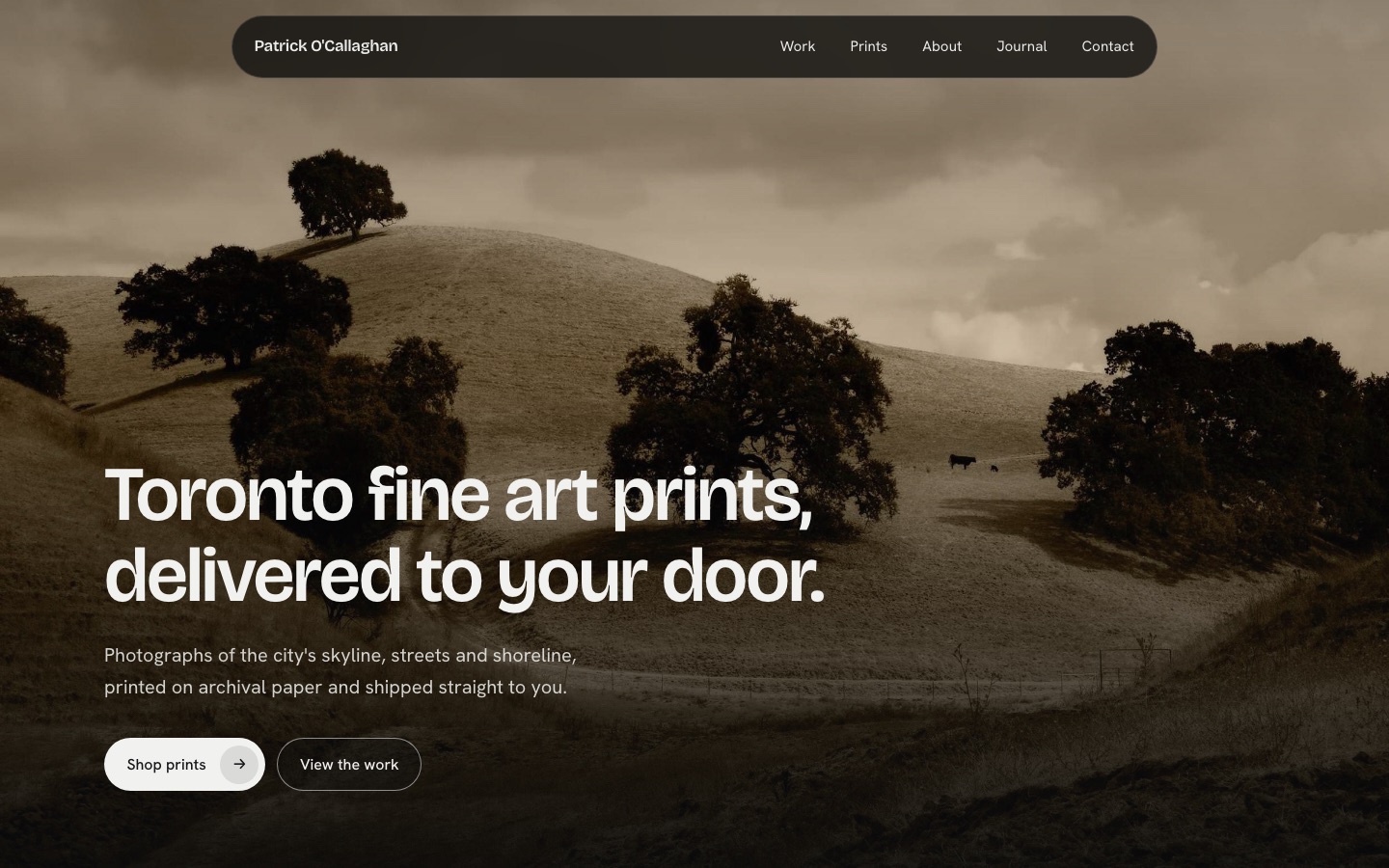 Patrick O'Callaghan fine art prints website with a sepia landscape photograph